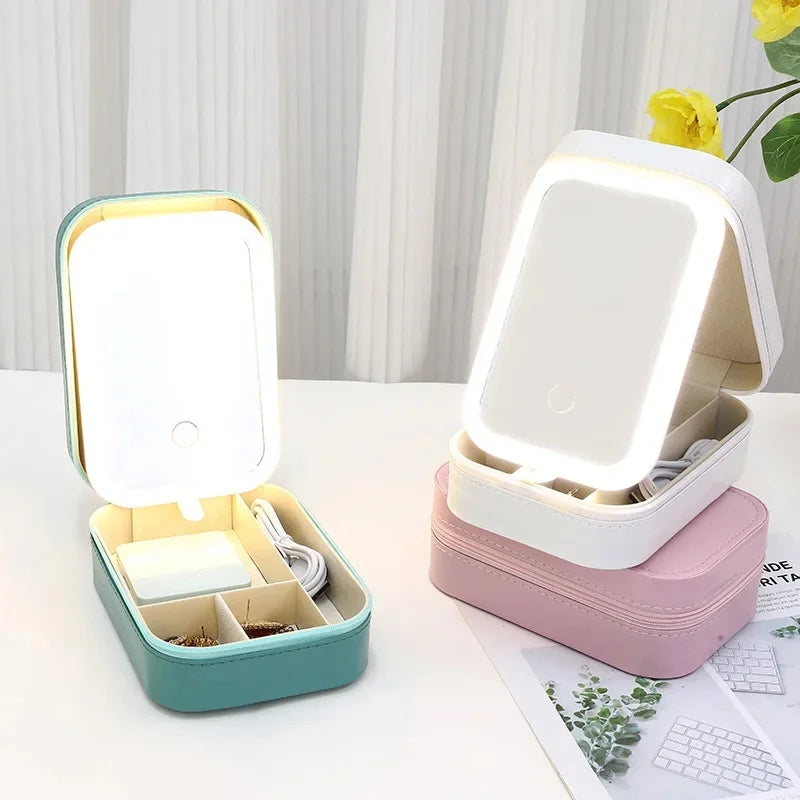 Portable LED Makeup Mirror Storage Case with Large Capacity for Travel and Cosmetic Accessories