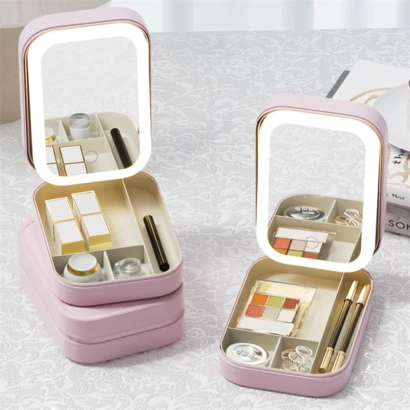 Portable LED Makeup Mirror Storage Case with Large Capacity for Travel and Cosmetic Accessories