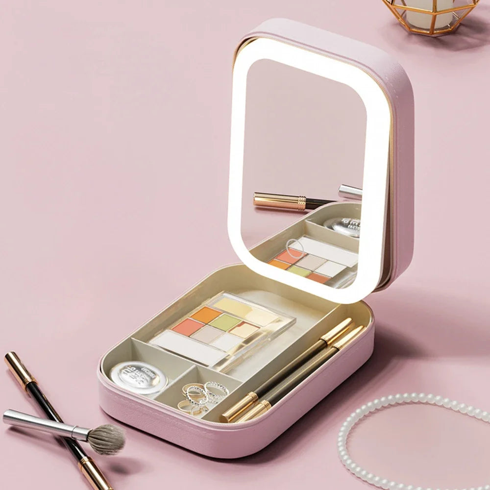 Portable LED Makeup Mirror Storage Case with Large Capacity for Travel and Cosmetic Accessories