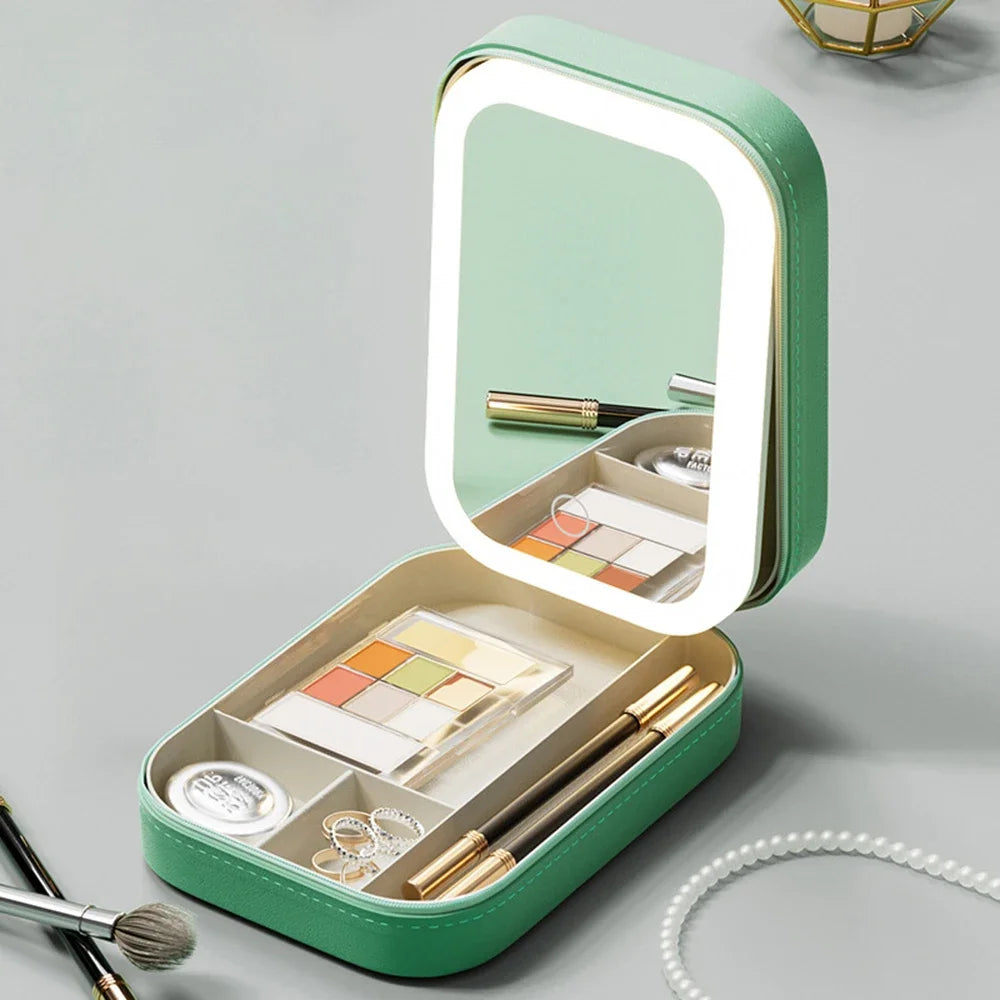 Portable LED Makeup Mirror Storage Case with Large Capacity for Travel and Cosmetic Accessories