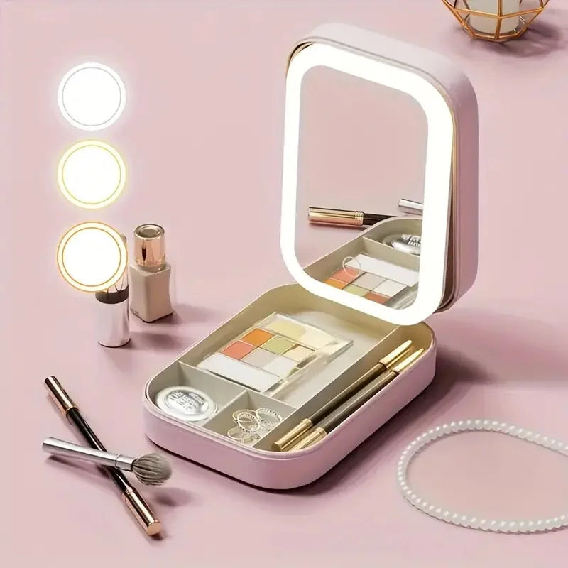 Portable LED Makeup Mirror Storage Case with Large Capacity for Travel and Cosmetic Accessories