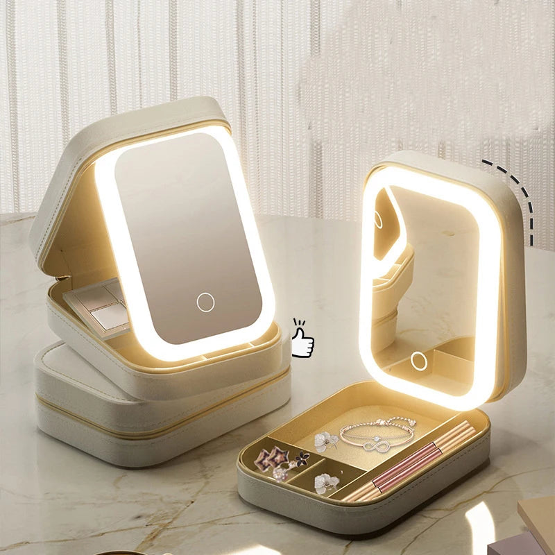 Portable LED Makeup Mirror Storage Case with Large Capacity for Travel and Cosmetic Accessories