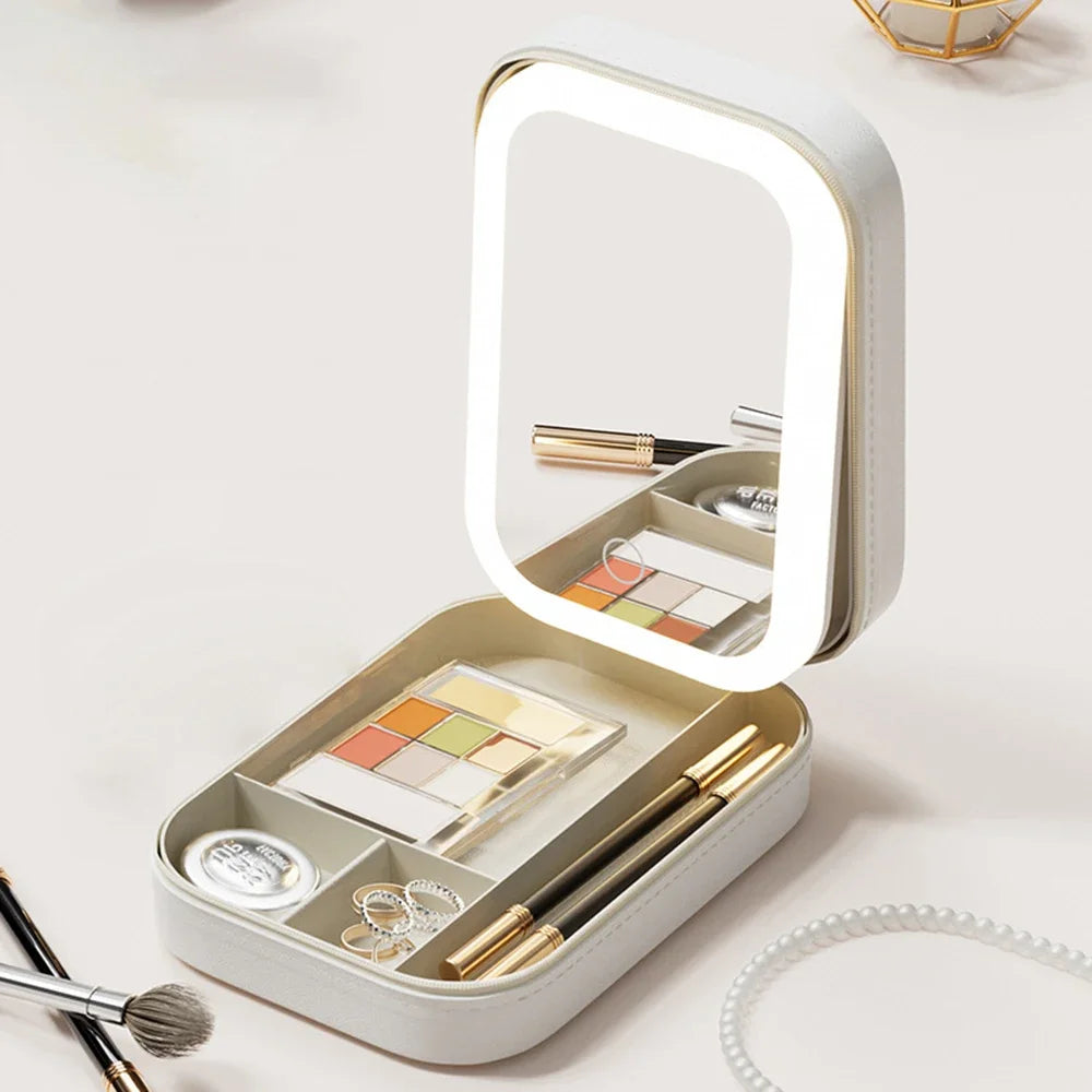 Portable LED Makeup Mirror Storage Case with Large Capacity for Travel and Cosmetic Accessories